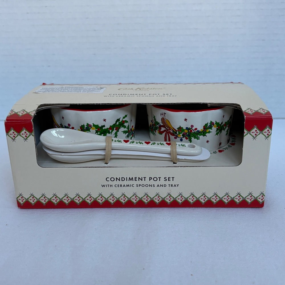 Cath Kidston Condiment Pot Set Ceramic Spoons Tray Christmas Winter Theme‎